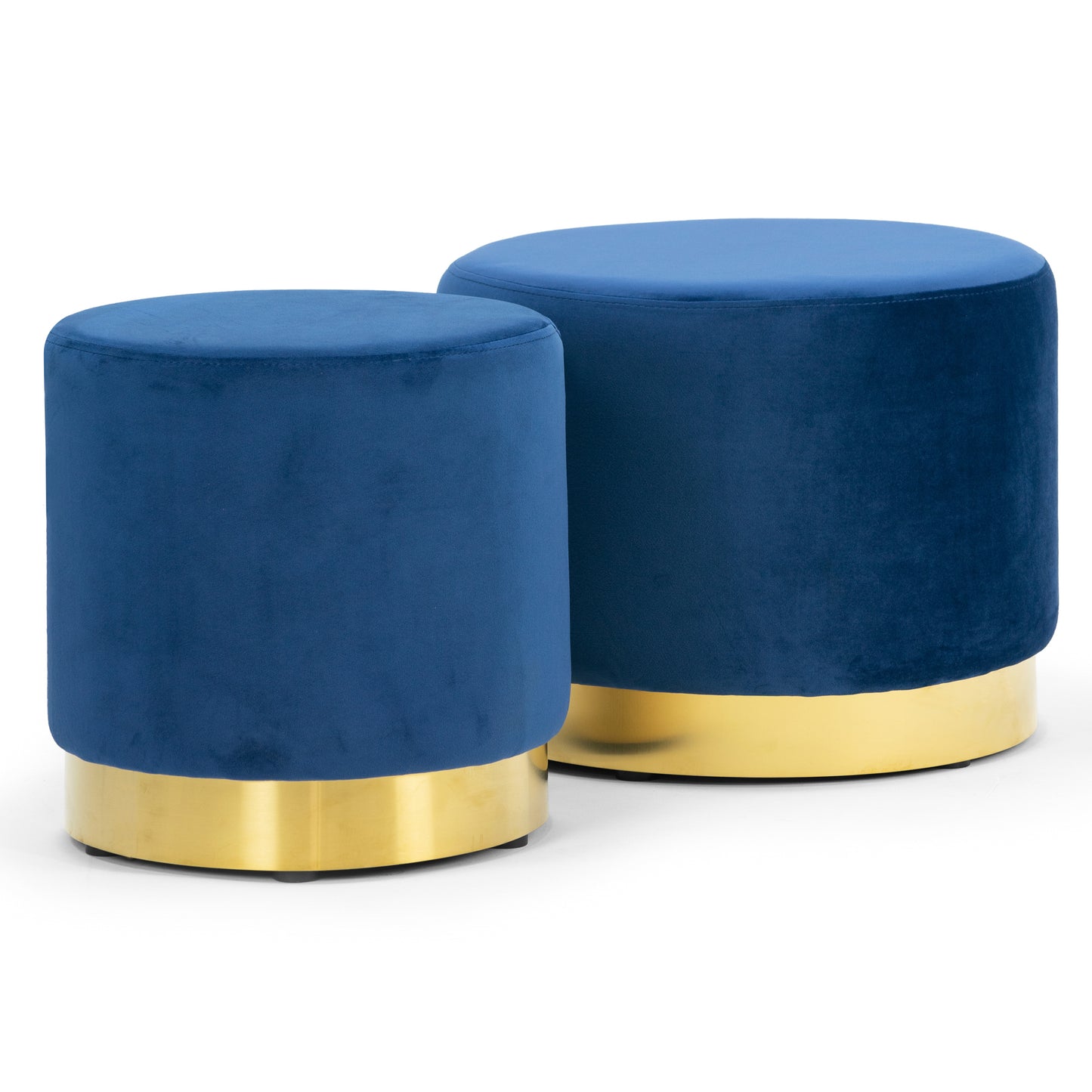 Anna Blue Velvet Round Footstool Ottoman with Golden Accent Base Medium-Large Set