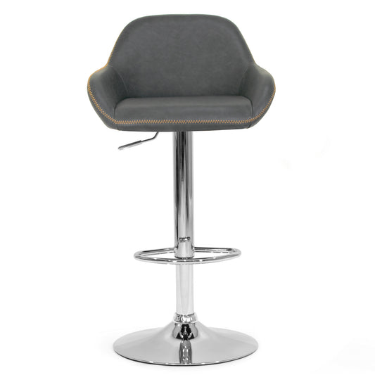 Set of 2 Alan Adjustable Height Swivel Barstool in Vintage Grey Color Faux Leather with Contrasting Stitching