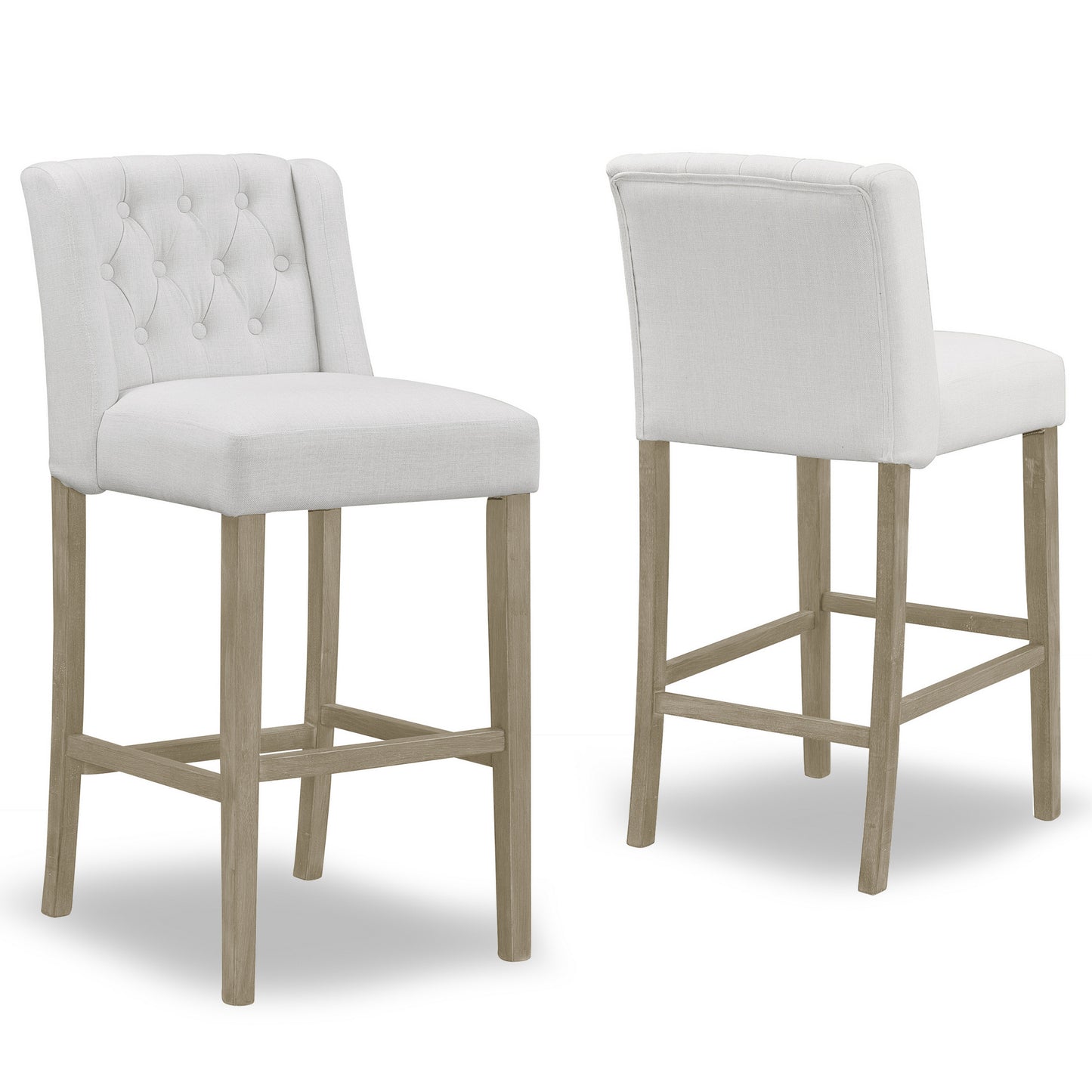 Set of 2 Aled Beige Fabric Bar Stool with Side Wings and Tufted Buttons