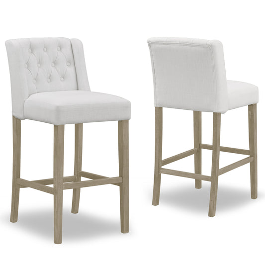 Set of 2 Aled Beige Fabric Bar Stool with Side Wings and Tufted Buttons