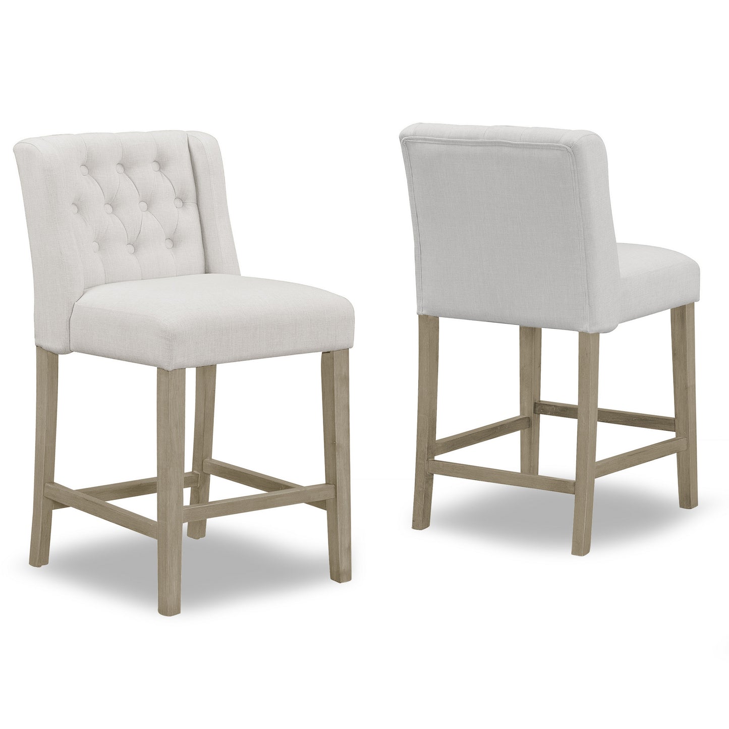 Set of 2 Aled Beige Fabric Counter Stool with Side Wings and Tufted Buttons