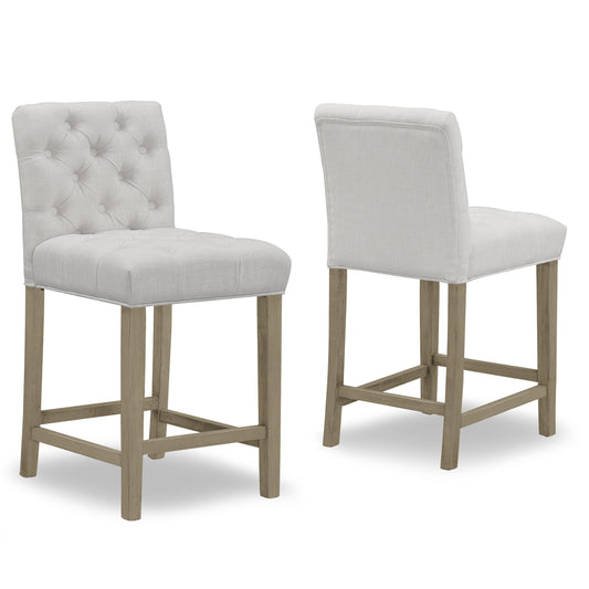 Set of 2 Alee Beige Fabric Counter Stool with Tufted Buttons and Wood Legs