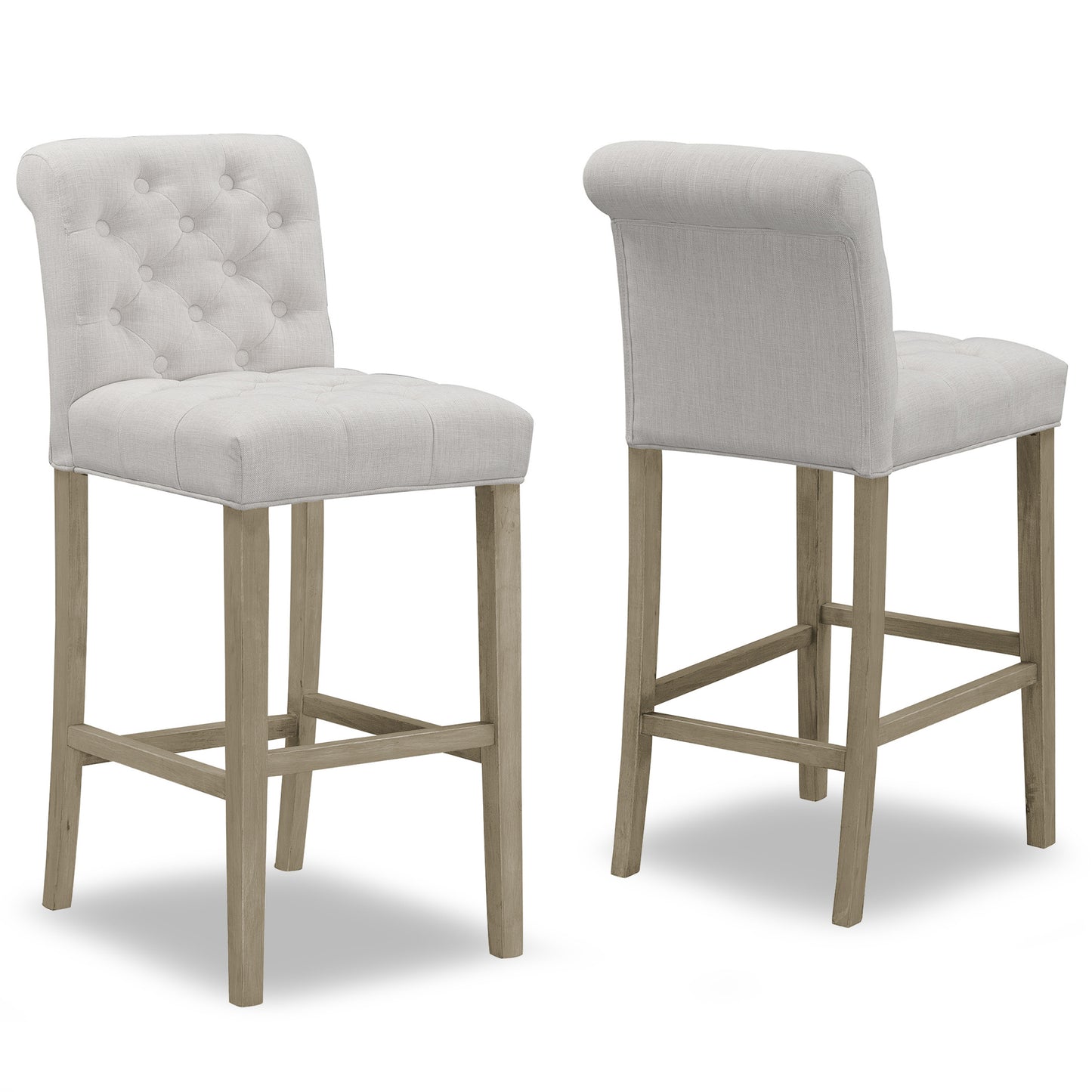 Set of 2 Aleen Beige Fabric Bar Stool with Roll Back Design and Tufted Buttons