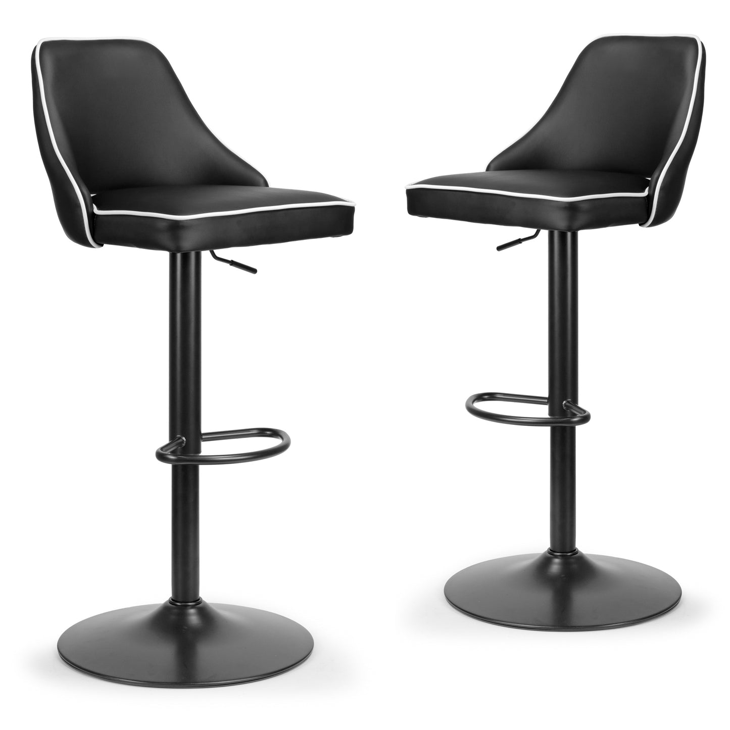 Set of 2 Alston Black Adjustable Height Swivel Bar Stool with White Piping