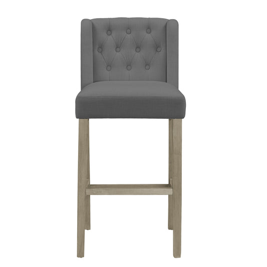 Set of 2 Aled Grey Fabric Bar Stool with Side Wings and Tufted Buttons