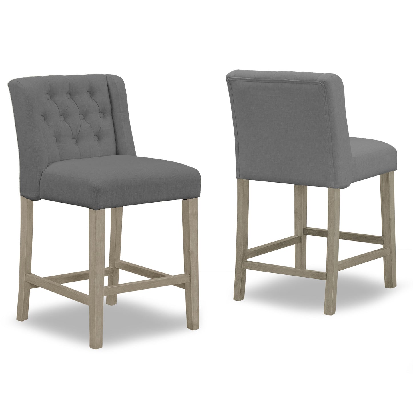 Set of 2 Aled Grey Fabric Counter Stool with Side Wings and Tufted Buttons