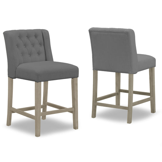 Set of 2 Aled Grey Fabric Counter Stool with Side Wings and Tufted Buttons