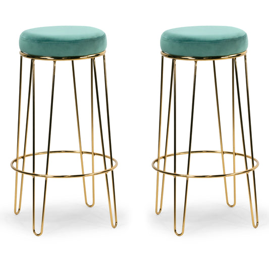 Set of 2 Angie Turquoise Velvet Bar Stool with Golden Metal Frame