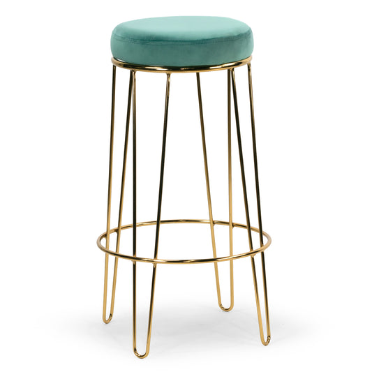 Set of 2 Angie Turquoise Velvet Bar Stool with Golden Metal Frame