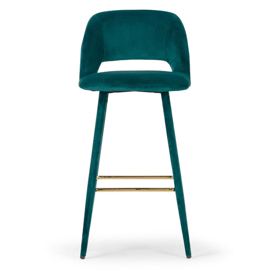 Set of 2 Anita Teal Velvet Barstool with Upholstered Legs and Golden Footrest