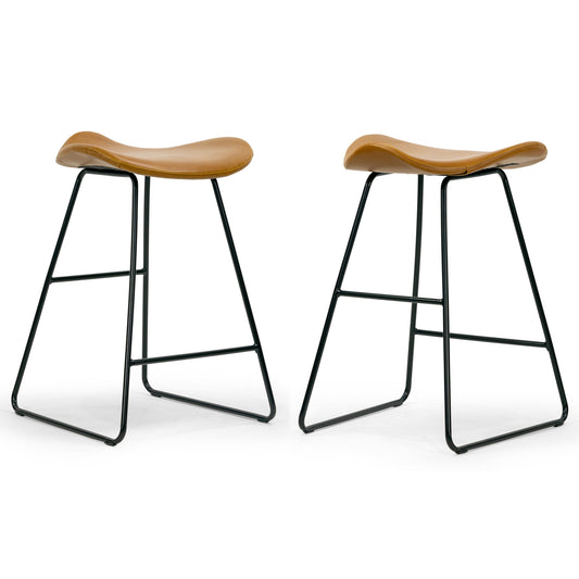 Set of 2 Aoi Brown Faux Leather Backless Counter Stool with Black Metal Legs