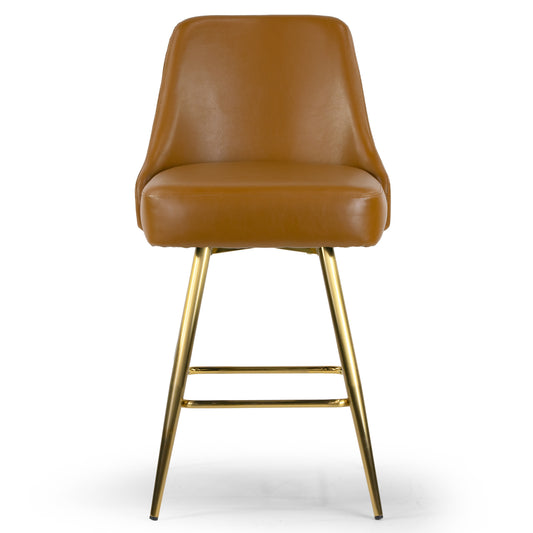 Set of 2 Auren Light Brown Upholstered Metal Frame Counter Stool with Golden Legs