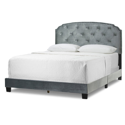Arin Silver Grey Velvet Queen Bed with Button Tufting and Black Nail Head Trim