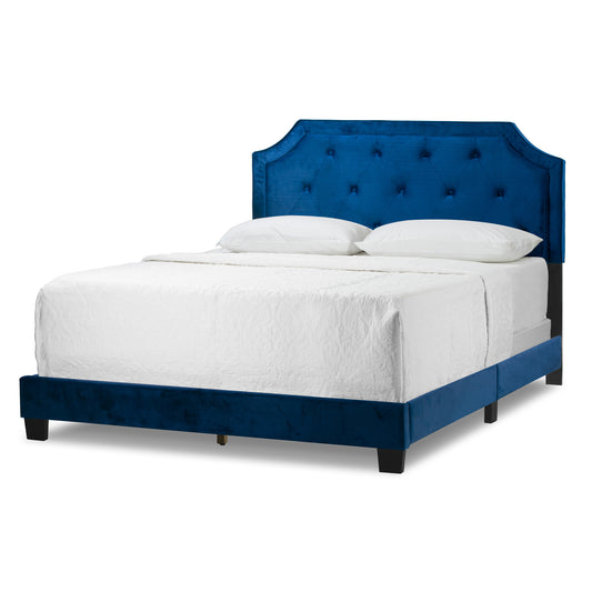 Aria Navy Blue Velvet Queen Bed with Piping and Button Tufting