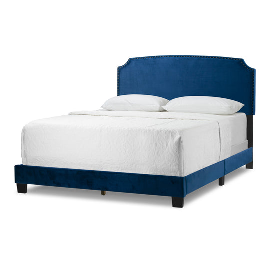 Arezo Navy Blue Velvet Queen Bed with Black Nail Head Trim
