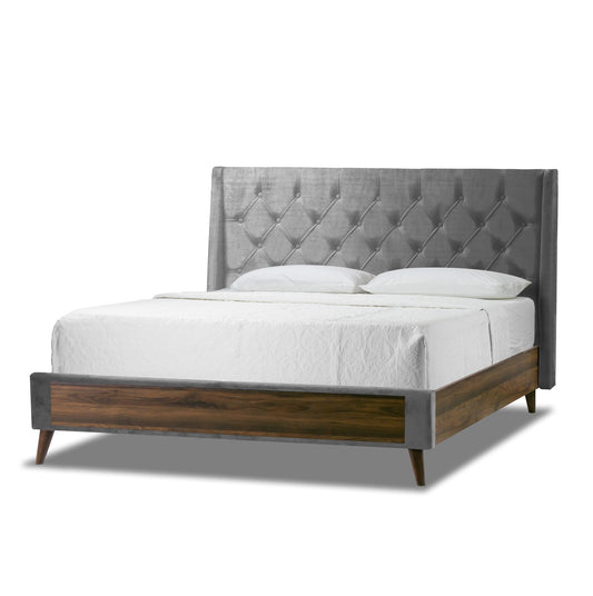 Arlo Silver Grey Velvet Queen Bed with Wings and Button Tufting