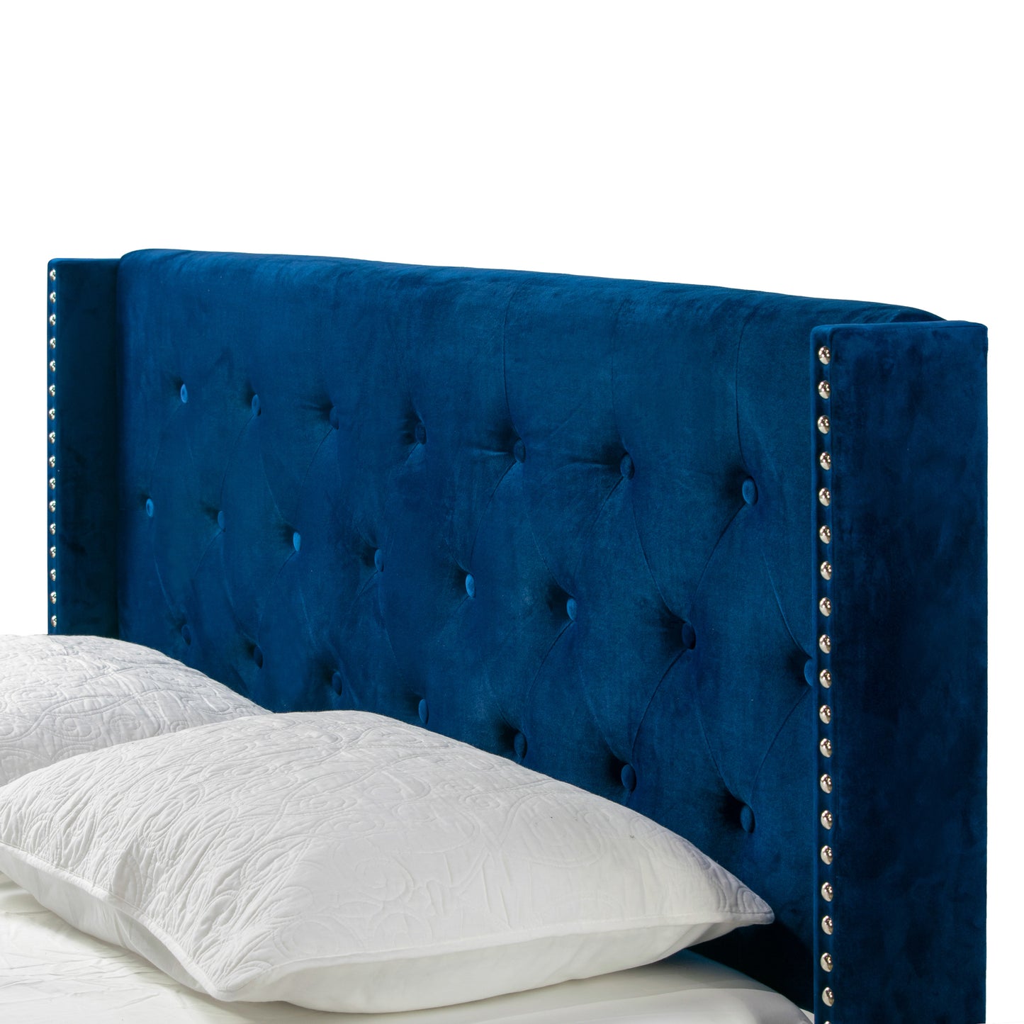 Asali Navy Blue Velvet Queen Bed with Button Tufting and Nail Headed Wings