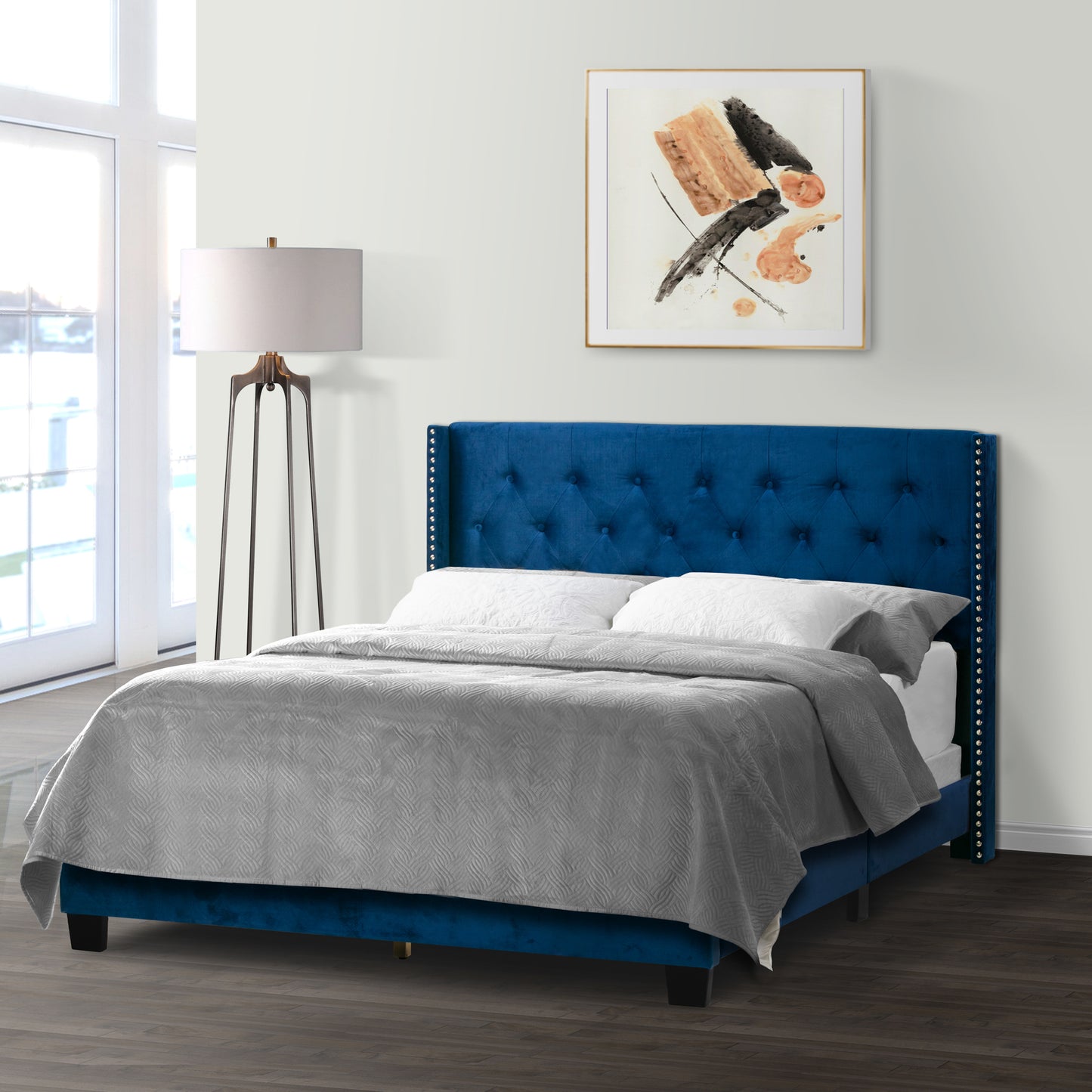 Asali Navy Blue Velvet Queen Bed with Button Tufting and Nail Headed Wings