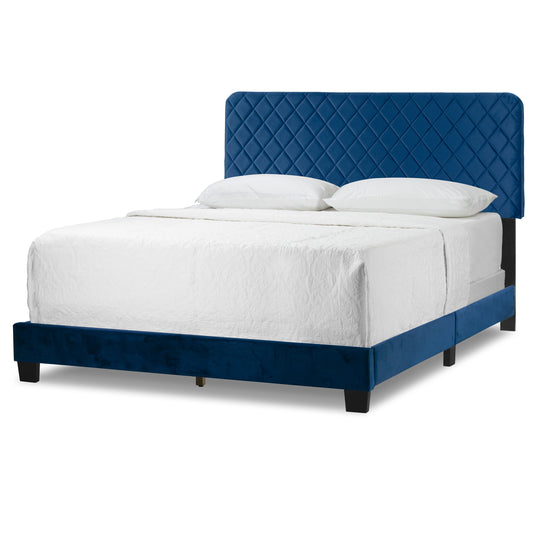 Aurum Navy Blue Velvety Fabric Queen Bed with Decorative Stitching