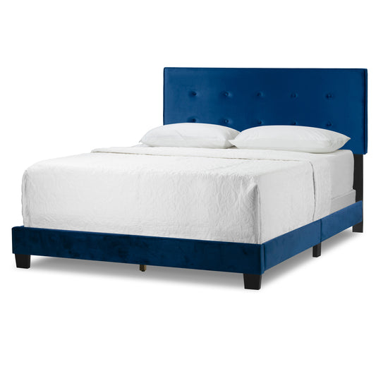Auryon Navy Blue Velvety Fabric Queen Bed with Button Tufting