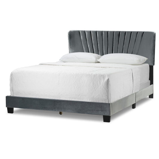 Autumn Silver Grey Velvety Fabric Queen Bed with Decorative Stitching