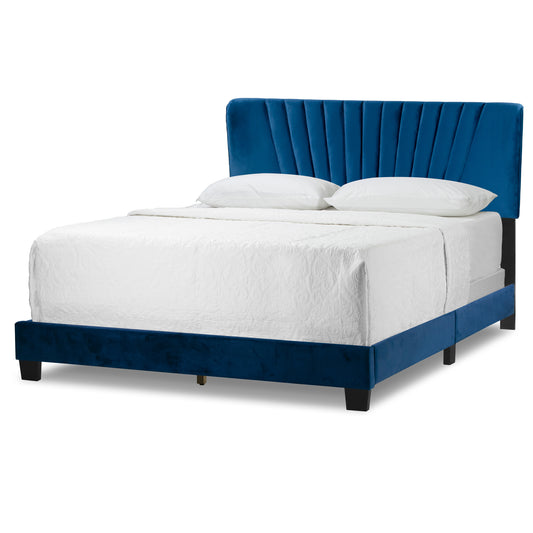 Autumn Navy Blue Velvety Fabric Queen Bed with Decorative Stitching